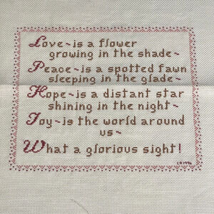 Completed Vintage Cross Stitch Sampler - Love Peace Hope Joy - Signed LA 1996